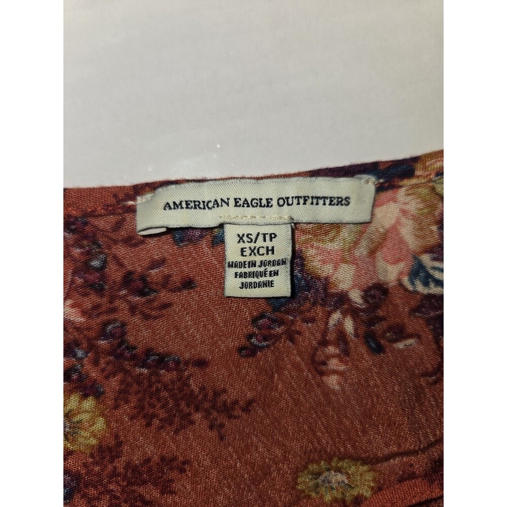 American Eagle Outfitters Rust Multicolor Floral Keyhole Blouse Button Accent XS - Picture 6 of 9